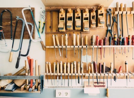 Large selection of different building tools in garage